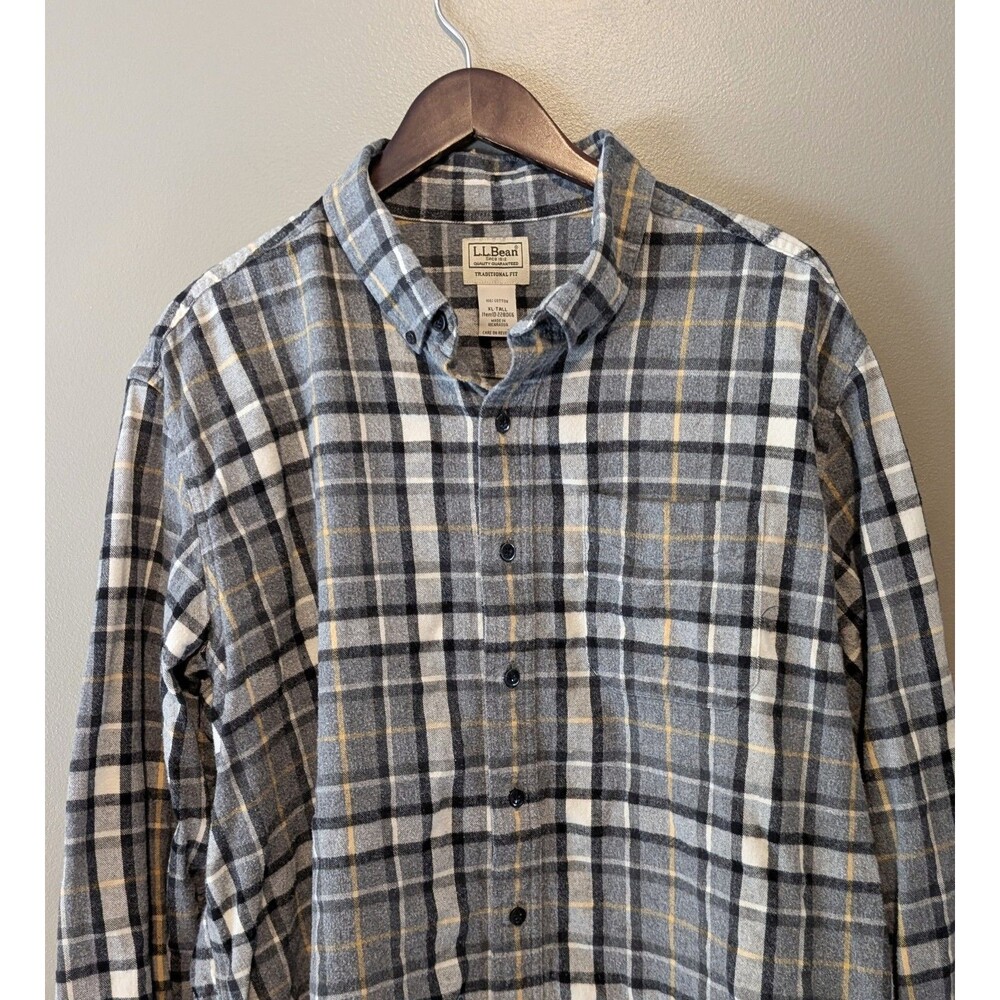 LL Bean Mens XL Tall XLT Scotch Plaid Flannel Shirt Traditional Fit Gray Yellow